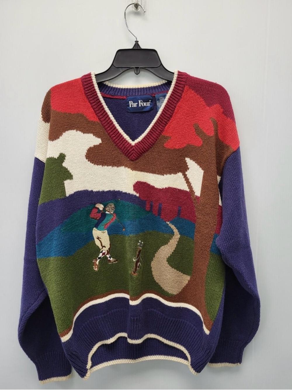 Vintage 80s Par Four Retro Antique Graphic Golf Scene V Neck Dad Sweater Mens L